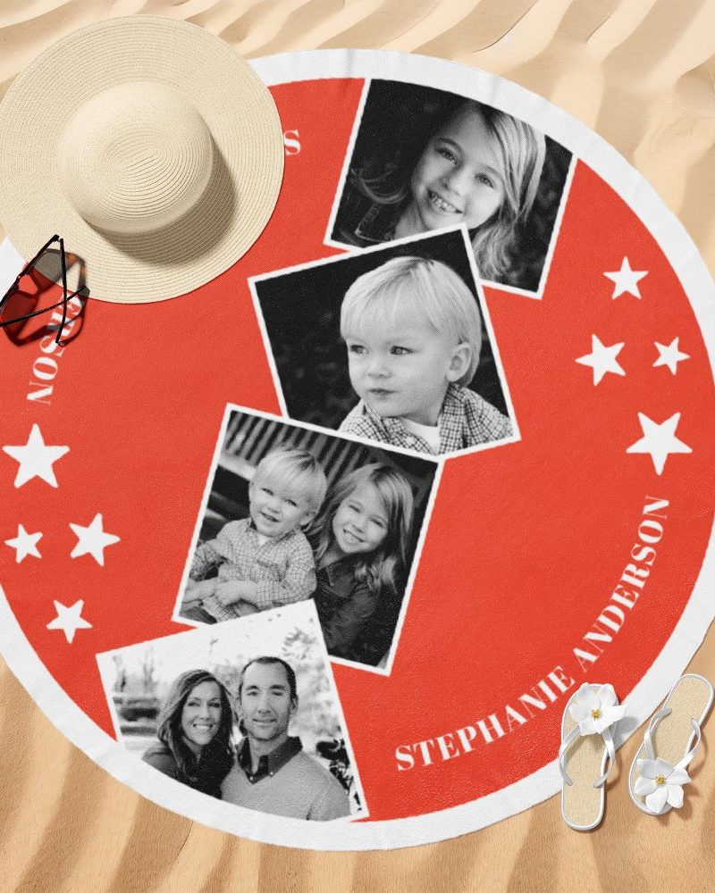 Red round beach towel with a family photo collage and the name Stephanie Anderson.