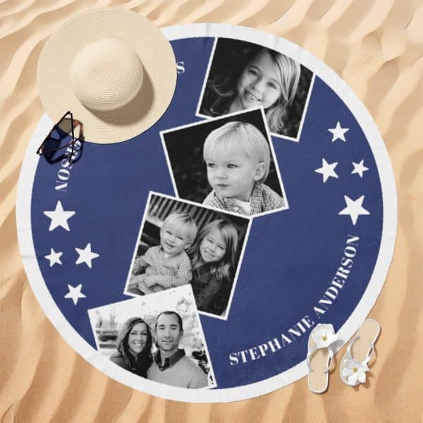 Blue Round Beach Towel With A Photo Collage Of A Family And Their Names, Stephanie And Anderson.