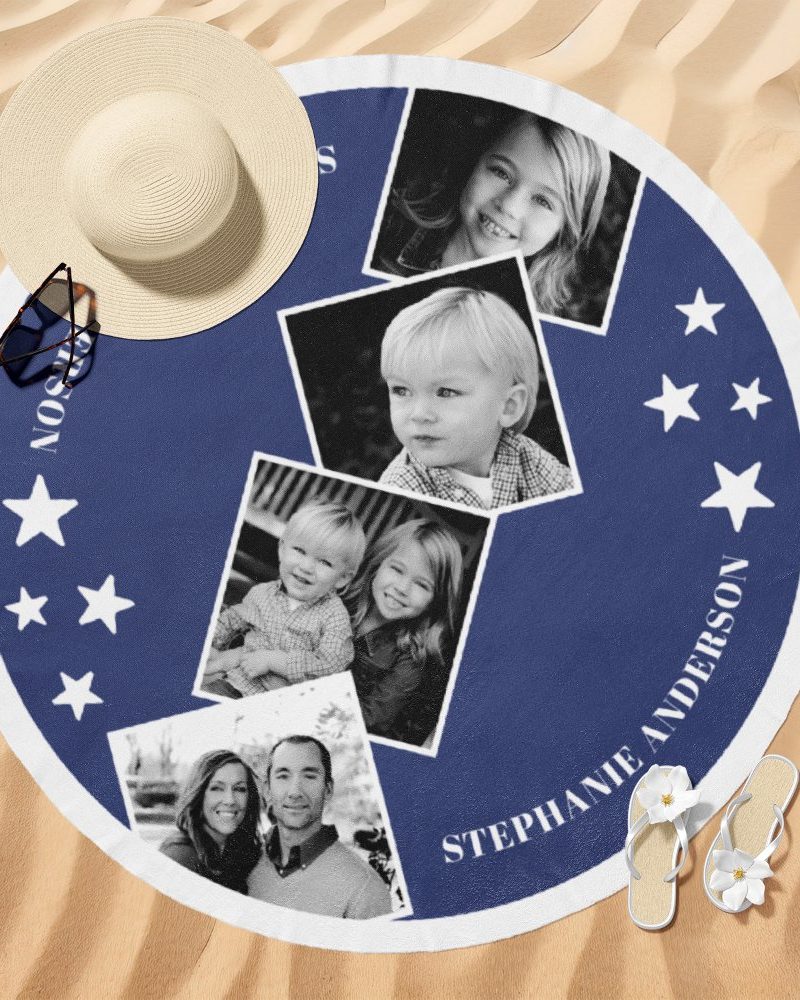 Blue round beach towel with a photo collage of a family and their names, Stephanie and Anderson.