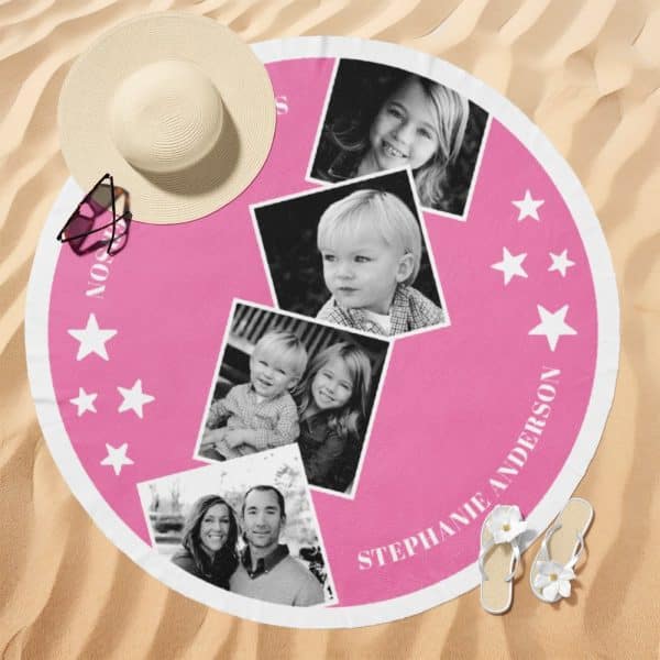 Pink Round Beach Towel With Black And White Family Photos And The Name Stephanie Anderson.