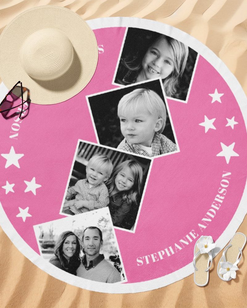 Pink round beach towel with black and white family photos and the name Stephanie Anderson.