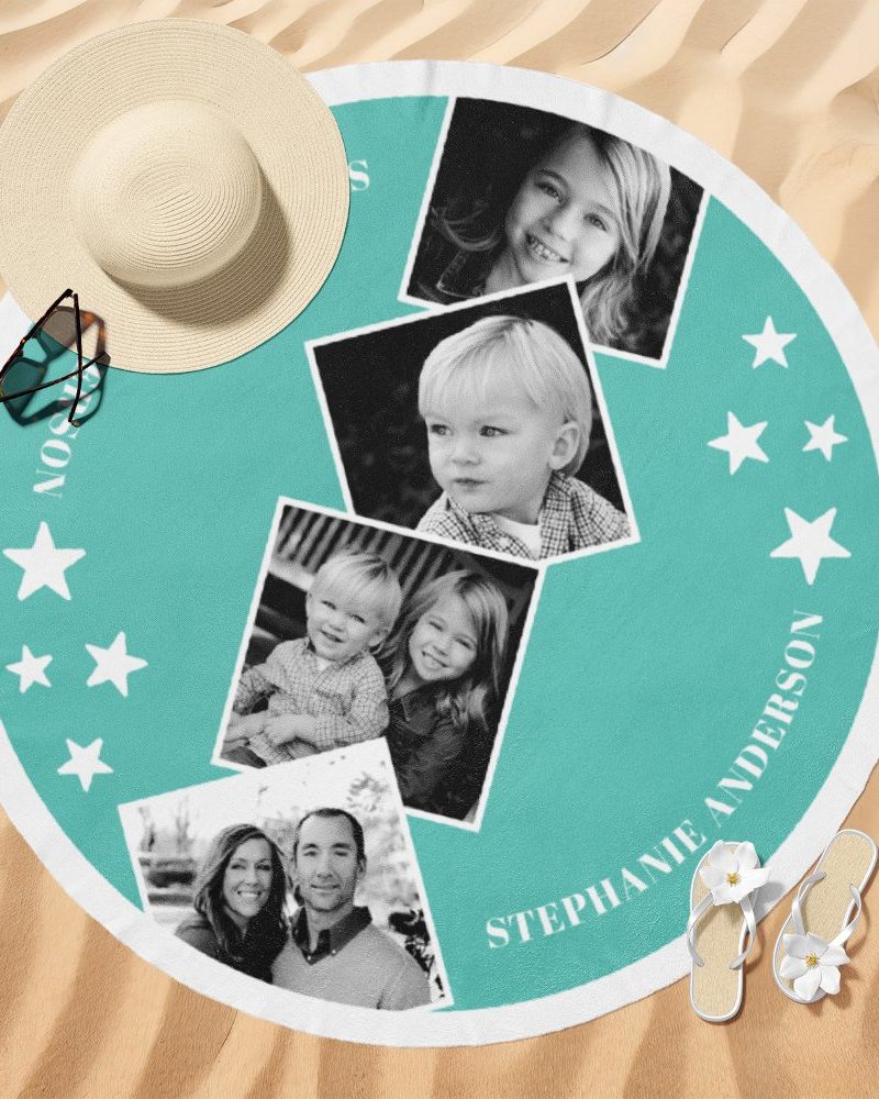 Teal round beach towel with a family photo collage and the name Stephanie Anderson.