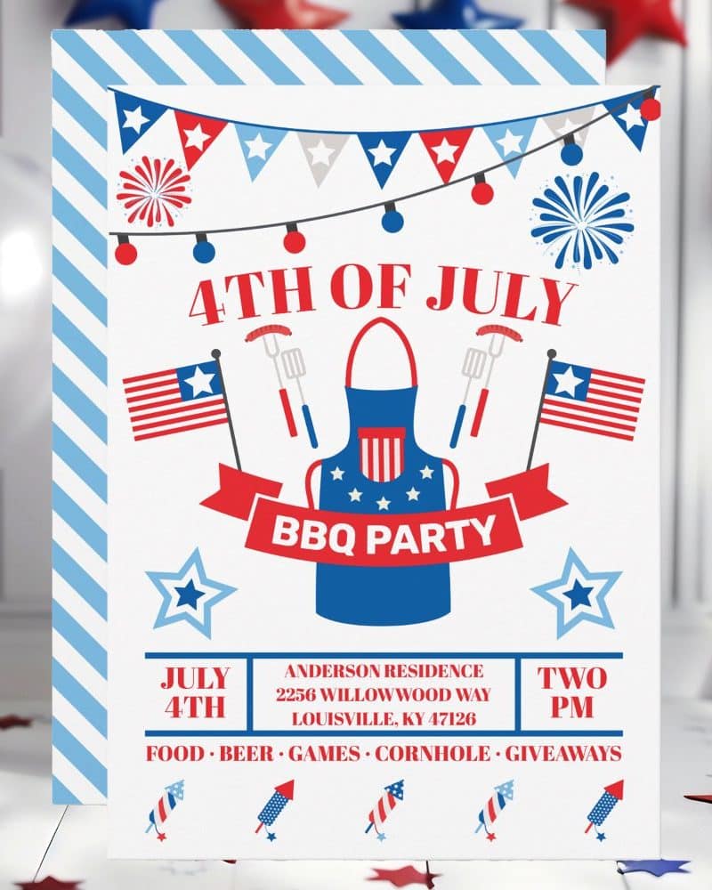 Fourth of July BBQ party invitation featuring an illustration of a blue apron, American flags, and fireworks.