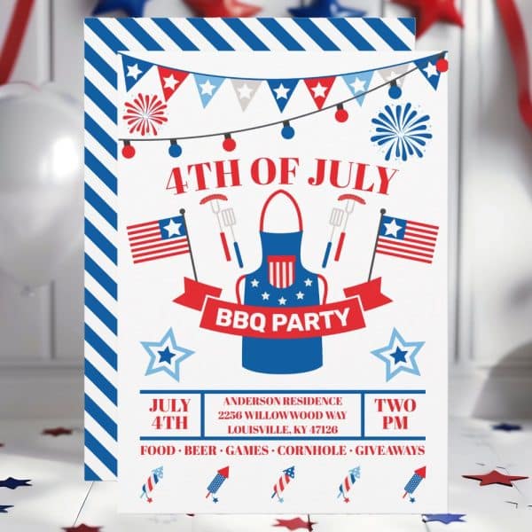 Fourth Of July Bbq Party Invitation With An Apron, Fireworks, And American Flags.