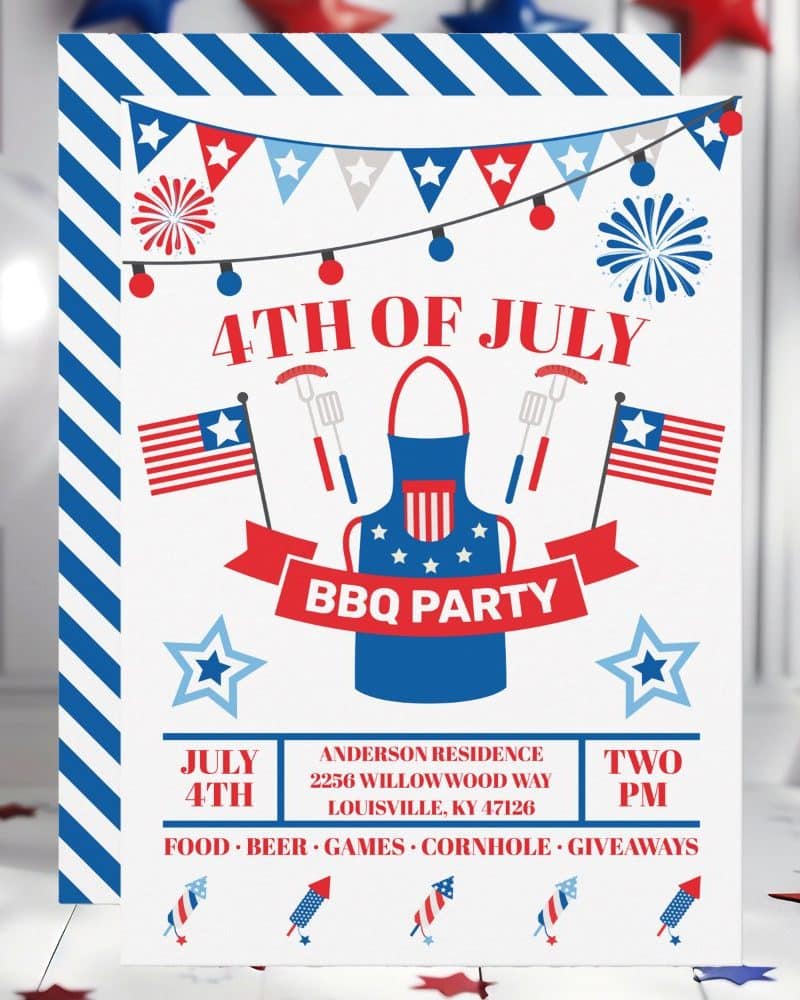 Fourth of July BBQ party invitation with an apron, fireworks, and American flags.