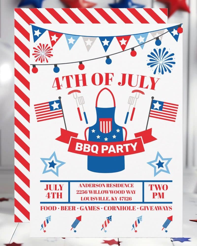 Fourth of July BBQ party invitation with an illustration of a blue apron and grilling utensils.