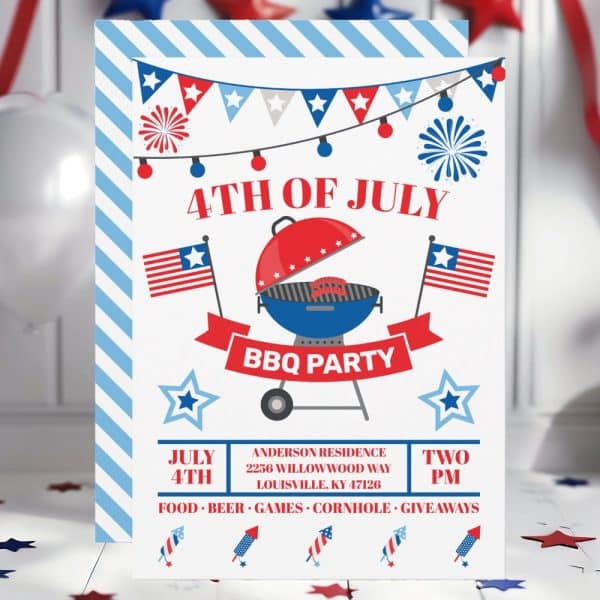 Fourth Of July Bbq Party Invitation With A Grill, American Flags, And Fireworks.