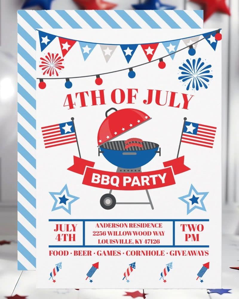 Fourth of July BBQ party invitation with a grill, American flags, and fireworks.