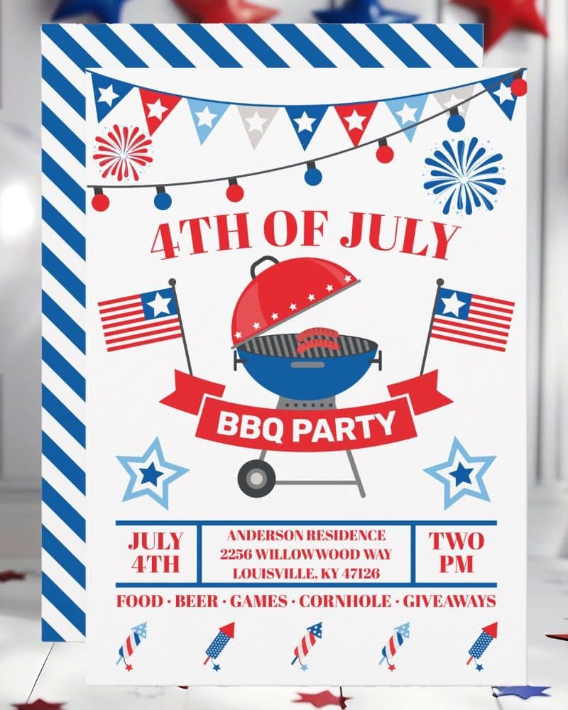 Fourth of July BBQ party invitation with a grill, American flags, and fireworks.