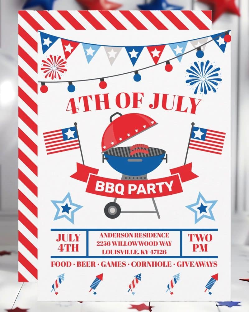 Fourth of July BBQ party invitation featuring a grill and fireworks.
