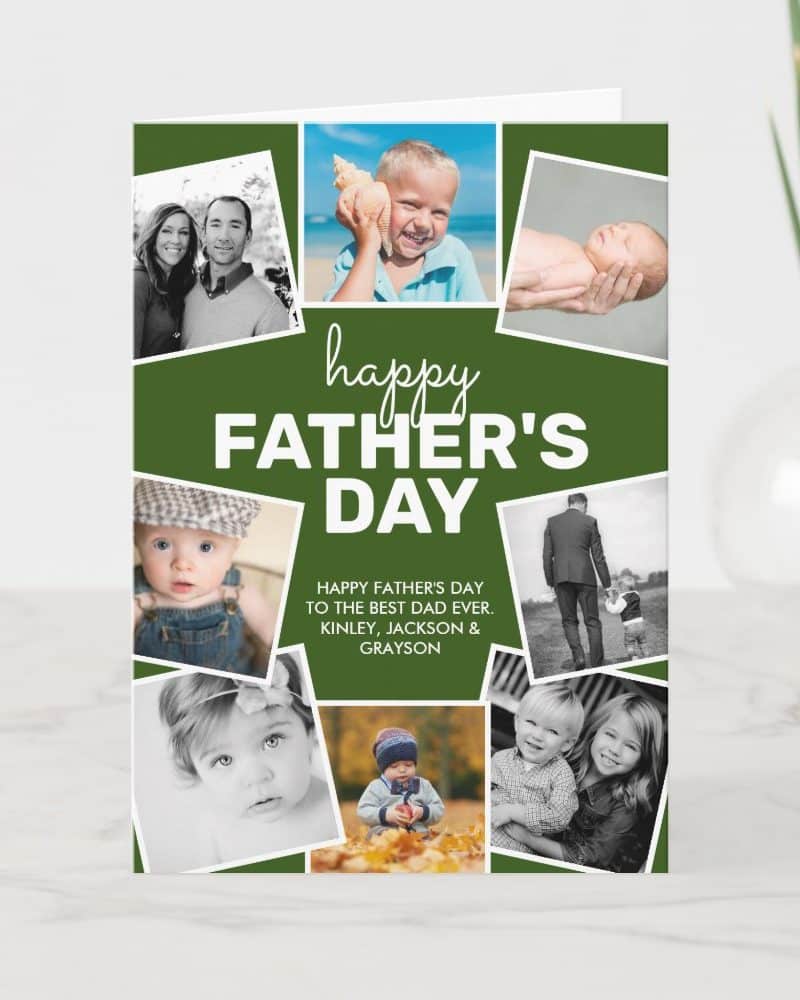 A green Father's Day card featuring a collage of family photos.