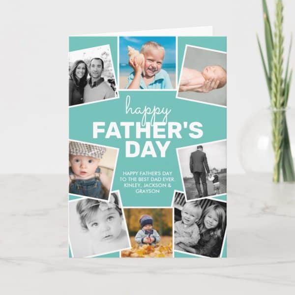 Father'S Day Card With A Teal Background Featuring A Collage Of Family Photos.