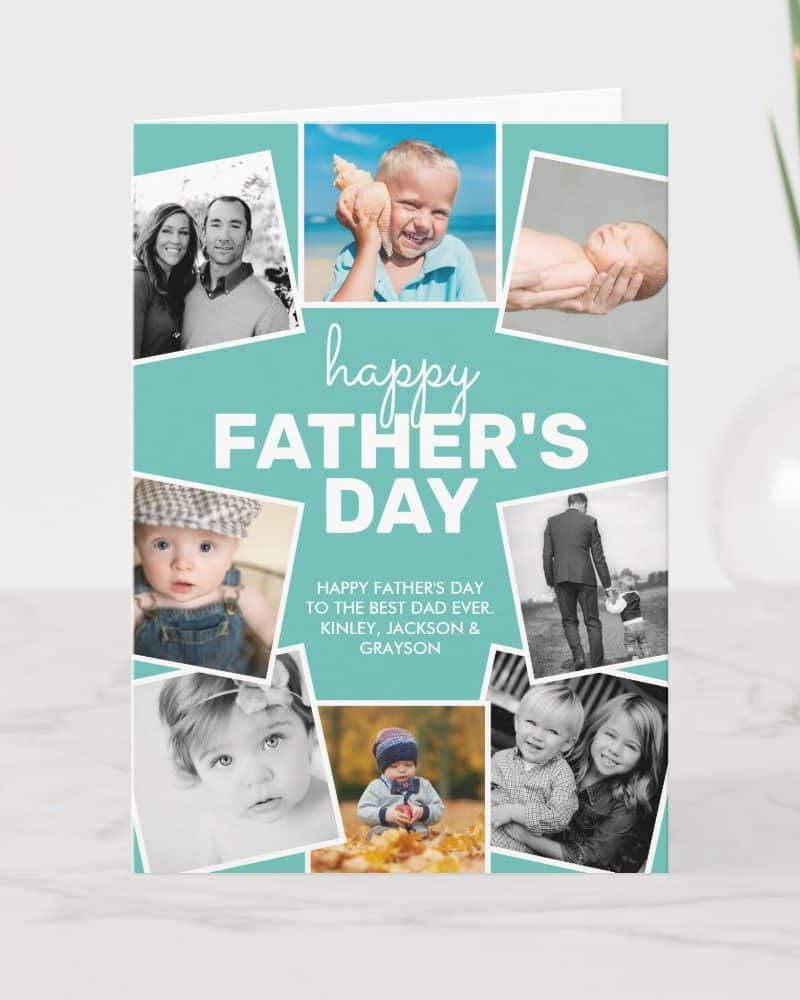 Father's Day card with a teal background featuring a collage of family photos.