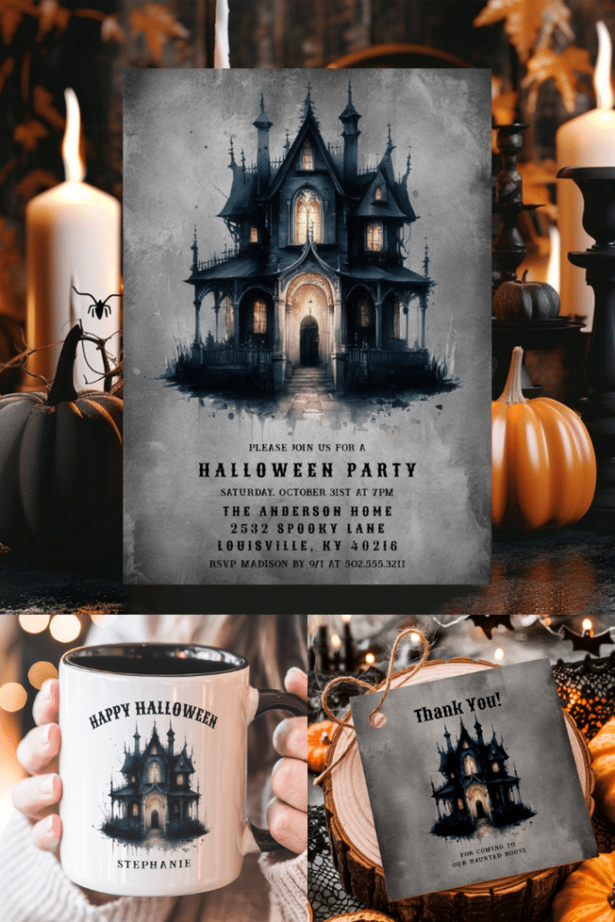 Gothic Victorian Halloween Party | Halloween Party Invitation Featuring A Spooky House Illustration.
