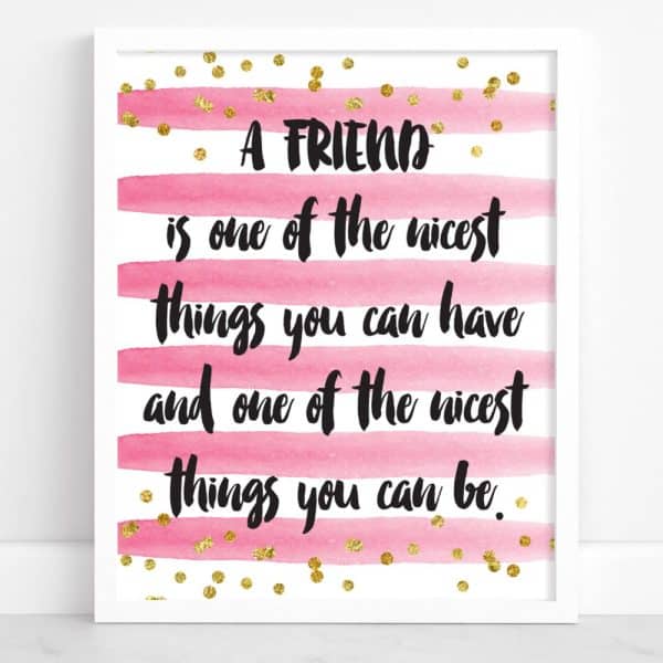 Framed Print With Pink Watercolor Stripes And Gold Confetti, Featuring A Quote About Friendship.