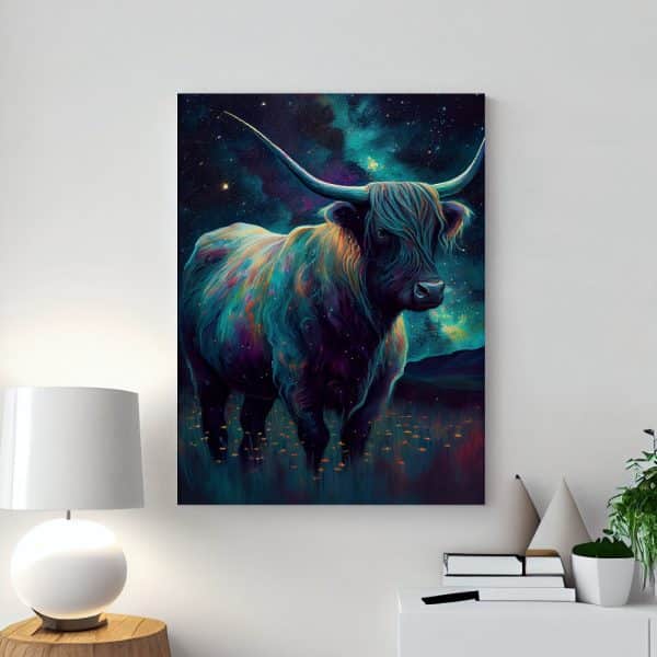 Painting Of A Colorful Highland Cow Standing In A Field At Night Under A Starry Sky.