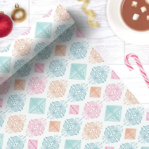 White Wrapping Paper With A Repeating Pattern Of Teal, Pink, And Orange Stylized Floral And Geometric Designs.