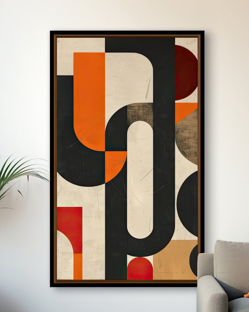 Abstract geometric painting in black, orange, and beige.