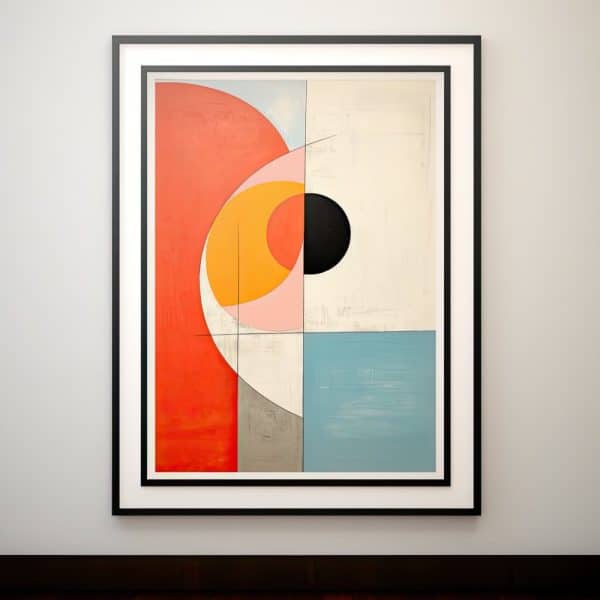 Abstract Painting In A Black Frame Featuring Geometric Shapes In Shades Of Red, Orange, Pink, Black, Gray, And Light Blue.