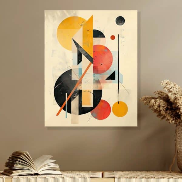 Abstract Geometric Painting With Circles, Triangles, And Lines In Orange, Yellow, And Black On A Beige Background.