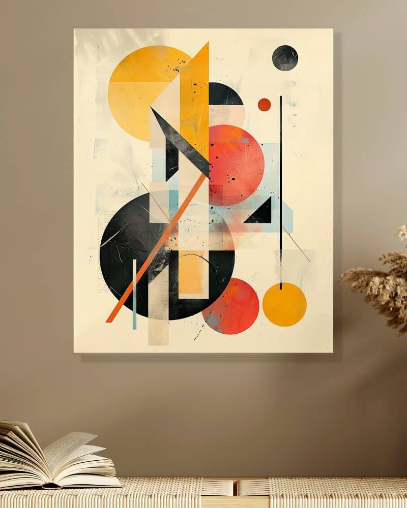 Abstract geometric painting with circles, triangles, and lines in orange, yellow, and black on a beige background.