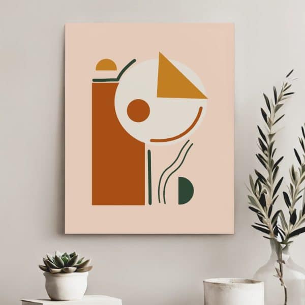 Abstract Art Print With Geometric Shapes In Orange, Cream, And Green.