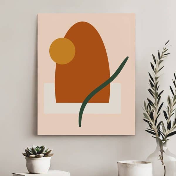 Abstract Painting Of An Orange-Brown Shape, A Smaller Yellow Circle, And A Dark Green Curved Line On A Light Pink Background.