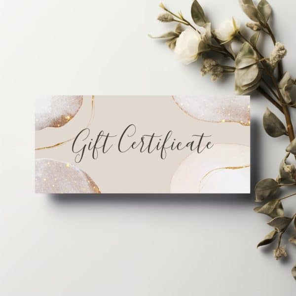 Beige Gift Certificate With Gold And Glitter Accents.