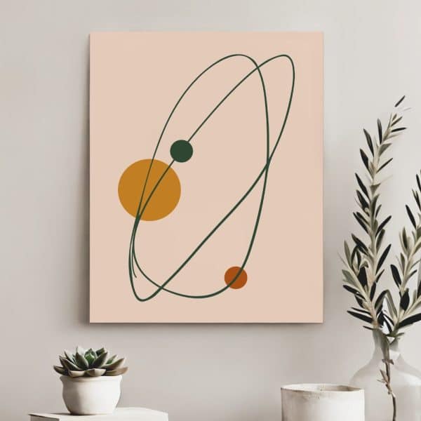 Abstract Art Print With Peach Background, Green Lines, And Orange And Dark Green Circles.