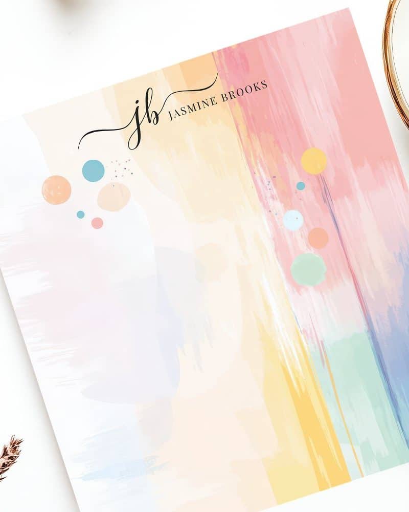 Pastel abstract art stationery featuring the initials JB and the name Jasmine Brooks.