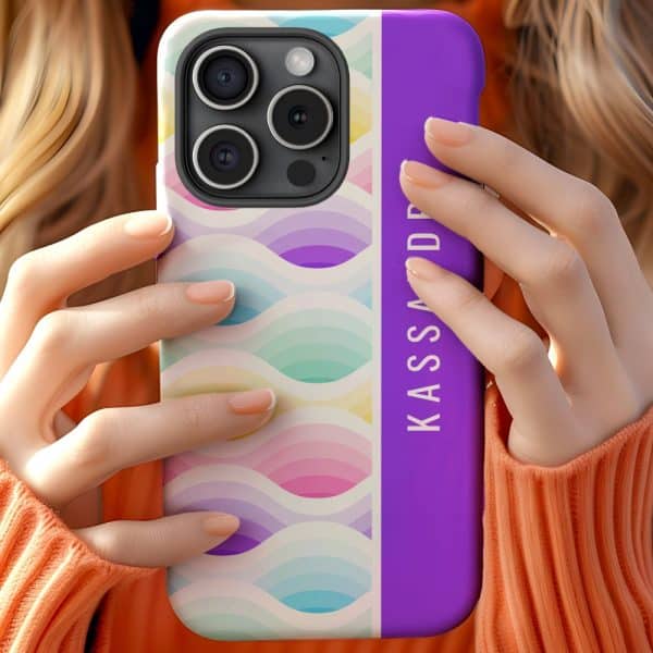 Woman'S Hands Holding A Pastel Wave Patterned Phone Case With A Purple Personalized Stripe.