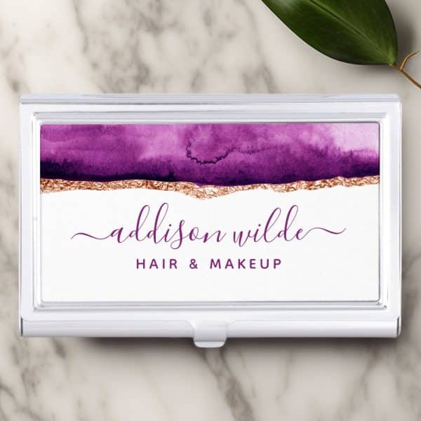 Silver Business Card Holder With A Purple Watercolor Design And The Name Addison Wilde, Hair &Amp; Makeup.