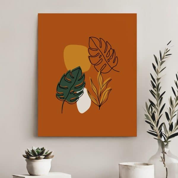 Abstract Art Print Featuring Line Drawings Of Tropical Leaves In Greens And Golds On A Burnt Orange Background.