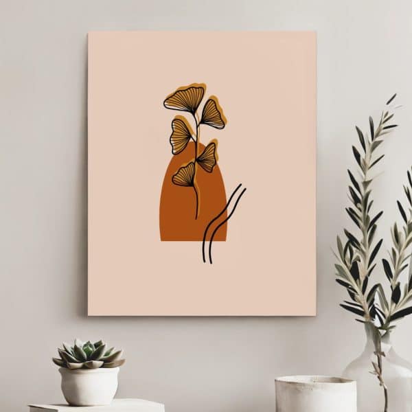 Abstract Art Print Of A Stylized Ginkgo Biloba Plant In Orange And Black On A Beige Background.