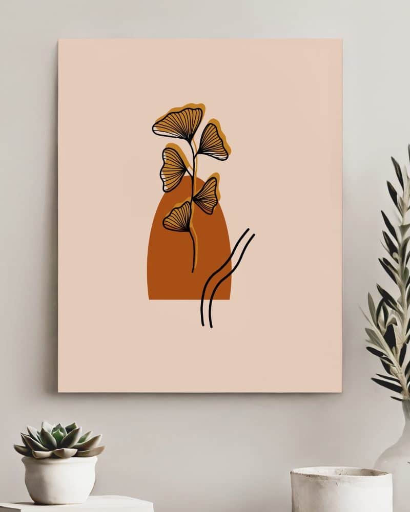 Abstract art print of a stylized ginkgo biloba plant in orange and black on a beige background.