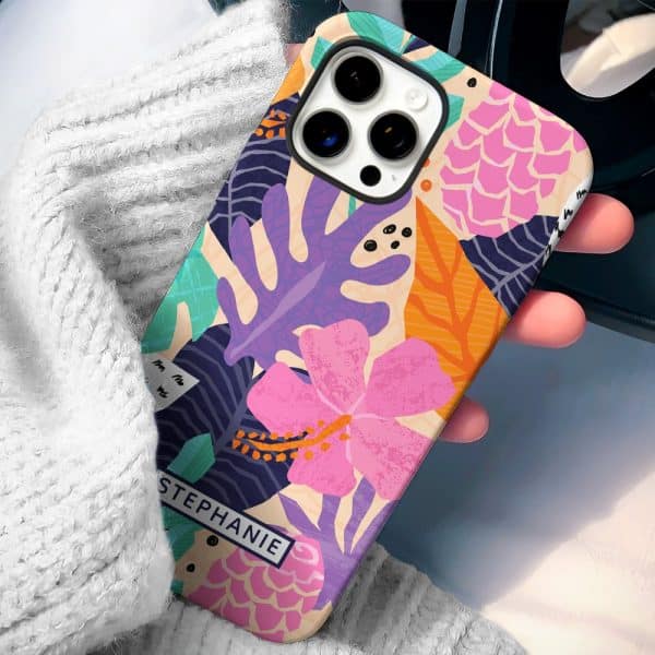 A Phone Case With A Tropical Floral Design And The Name Stephanie.