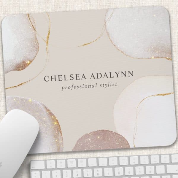 Mousepad Featuring The Name Chelsea Adalynn, Professional Stylist, On A Beige Background With Abstract Gold And Glitter Shapes.
