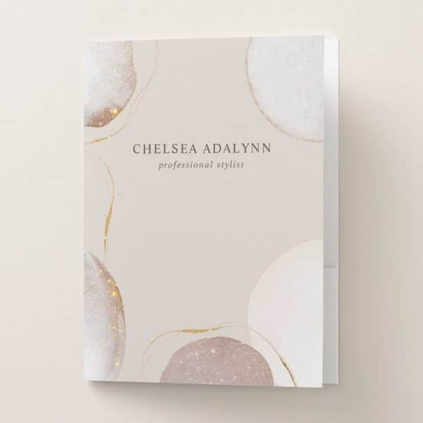 A Beige Professional Stylist Portfolio Featuring Gold And Glitter Accents.