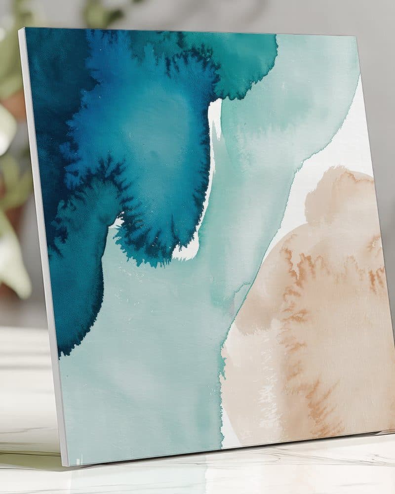 Abstract painting in teal, mint, and beige.