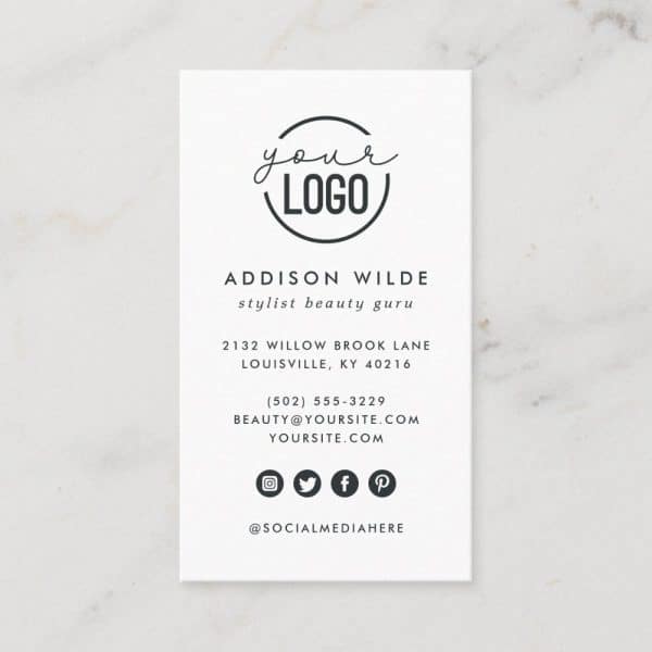 Addison Wilde Stylist Beauty Guru Business Card With Logo, Contact Info, And Social Media Handles.