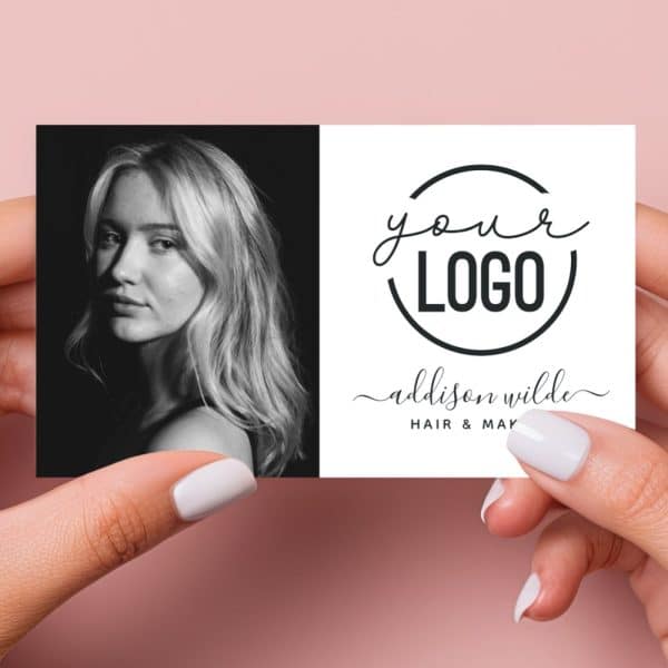 Business Card Featuring A Black And White Headshot Of A Woman With Blonde Hair, And A Logo Placeholder. The Text &Quot;Addison Wilde Hair &Amp; Mak&Quot; Is Also Present.