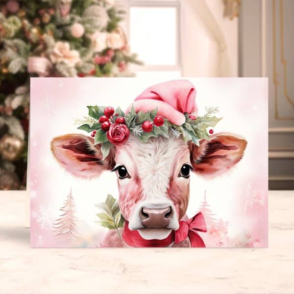 Christmas Card Featuring A Calf Wearing A Pink Santa Hat And Holly Wreath.
