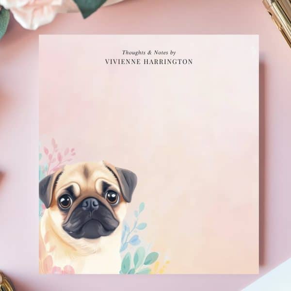 Illustration Of A Pug'S Face Peeking From Behind Pastel Flowers On A Pink Notepad.