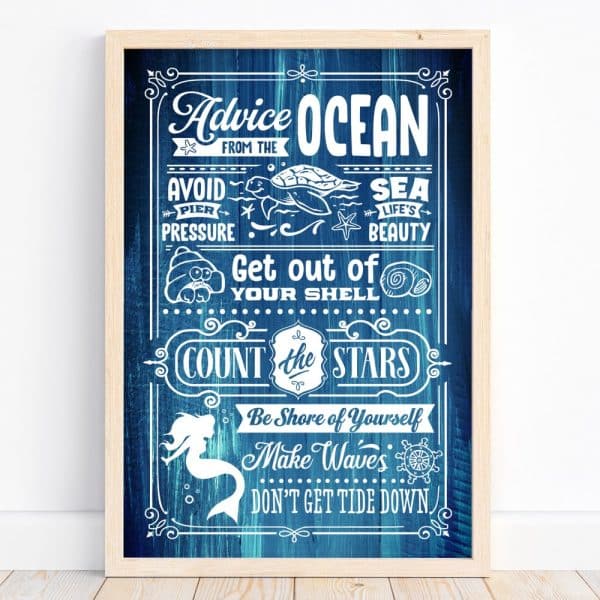 Framed Ocean-Themed Art With Inspirational Text And Nautical Imagery, Including A Mermaid, Turtle, And Seashells.
