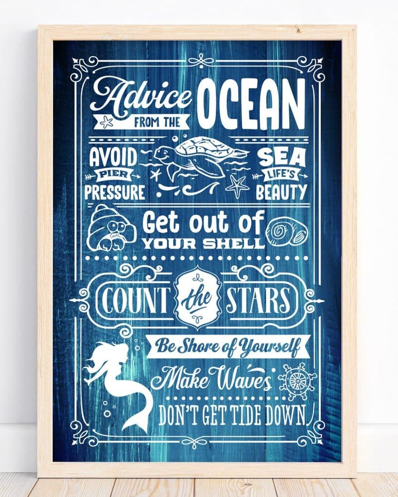 Framed ocean-themed art with inspirational text and nautical imagery, including a mermaid, turtle, and seashells.