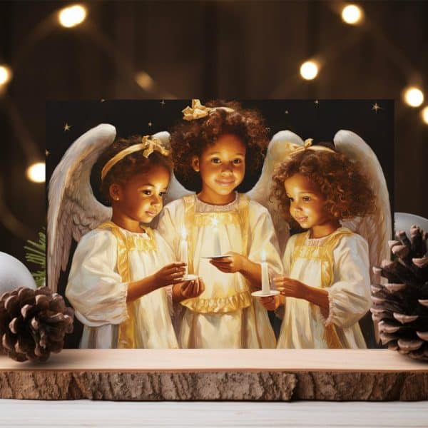 Three Black Angels, Each Holding A Lit Candle, Stand Together With Their Wings Spread.