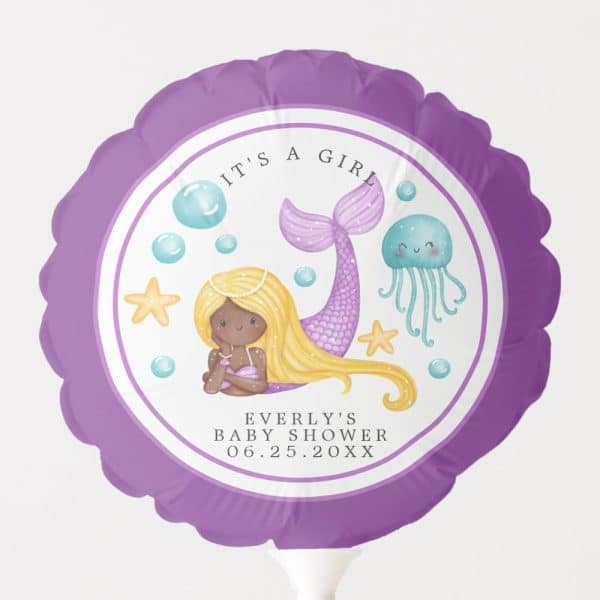 Purple Balloon Featuring A Mermaid With Long Blonde Hair, A Jellyfish, And Text Announcing A Baby Girl'S Shower.