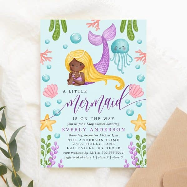 Baby Shower Invitation Featuring A Cartoon Mermaid With Long Blonde Hair And Purple Tail.