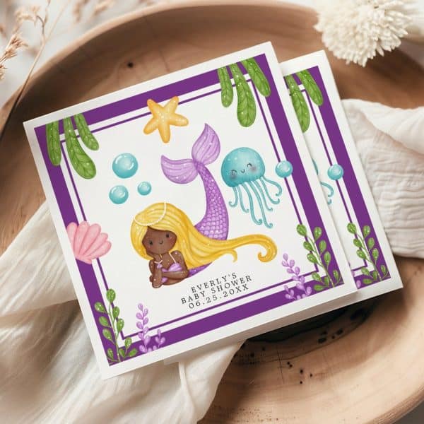 Baby Shower Invitation Featuring A Mermaid With Long Blonde Hair And Purple Tail.