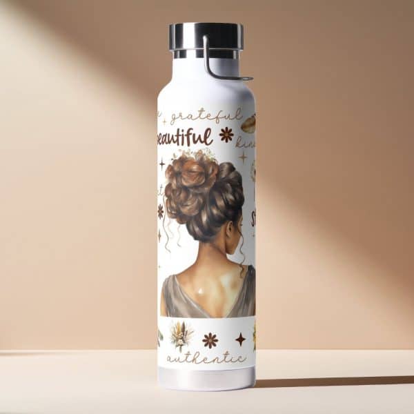 White Water Bottle With A Design Featuring A Woman'S Back, An Updo Hairstyle, And The Words Beautiful, Grateful, And Authentic.